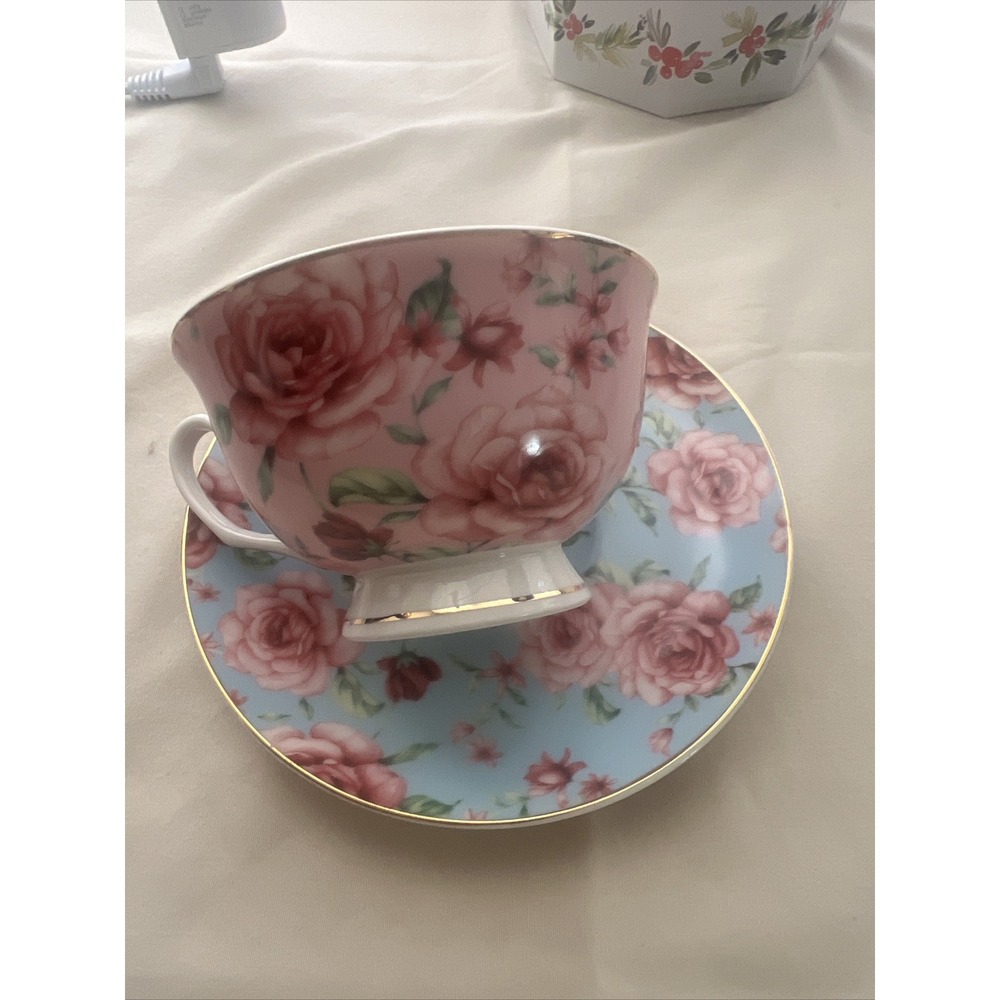 Brew To A Tea BTAT Mug Cup and Saucer Floral Garden Mint  Pink Porcelain Fine Ch